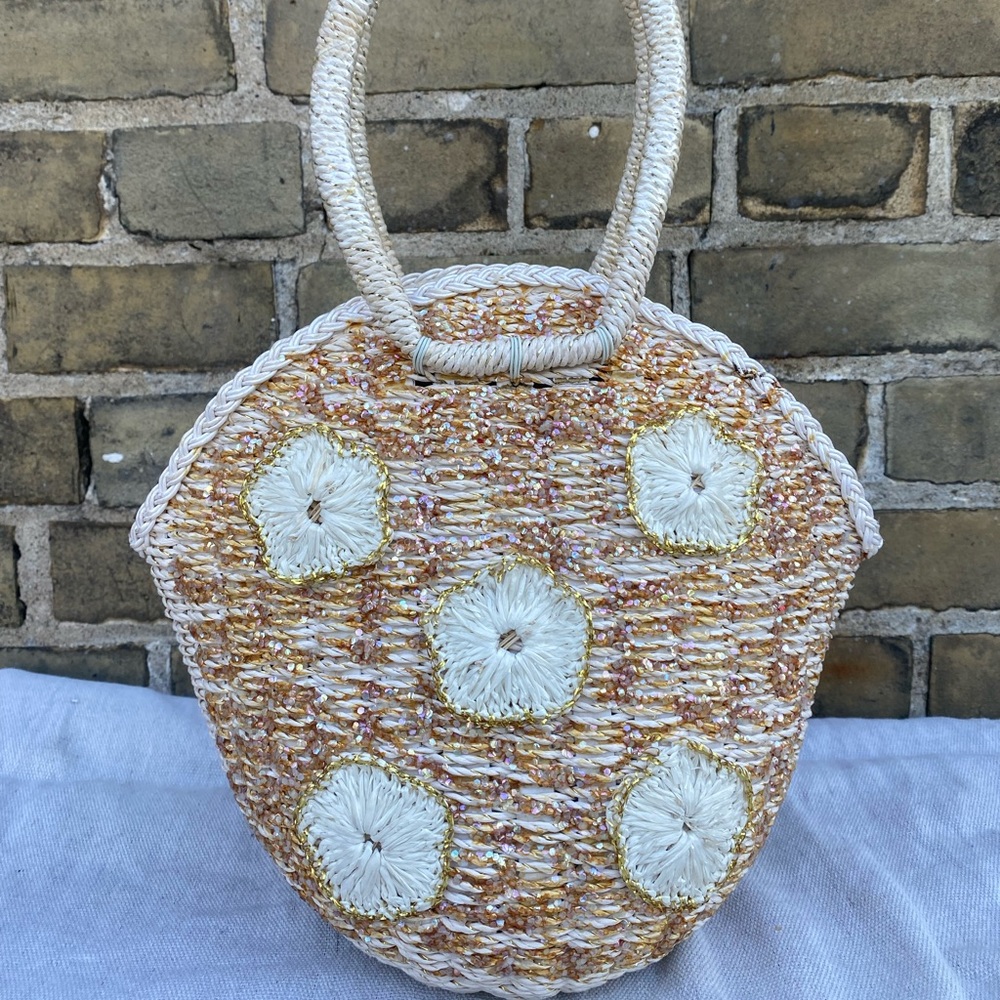 White Paper Woven Peach Sparkle Raffia Flowers Bags by Dormar, Made in Japan